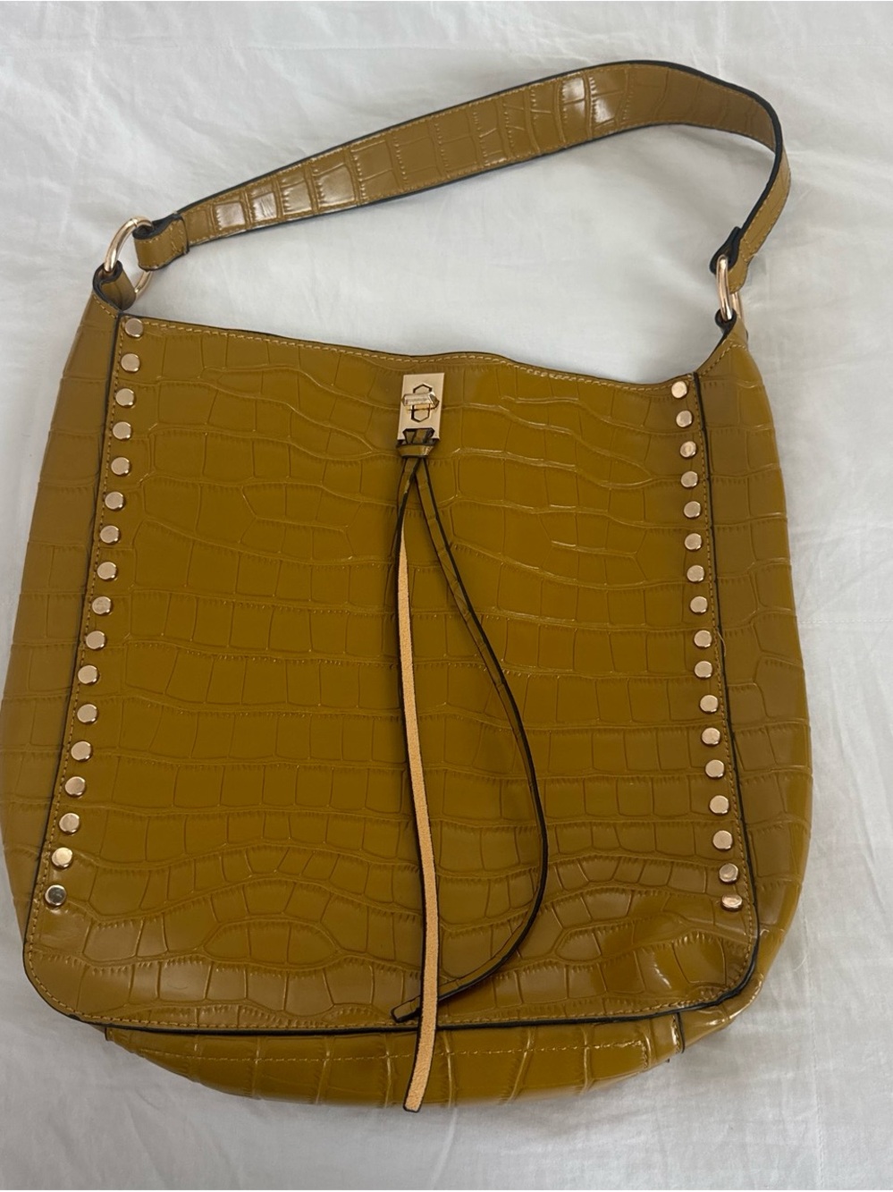 Vegan Croc-Embossed Shoulder Hobo Bag in Mustard with Stud Accents